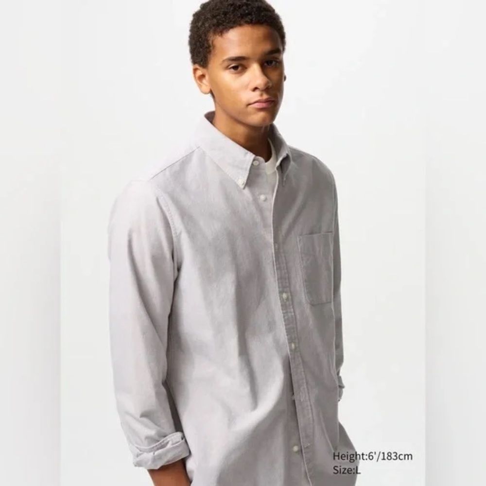 UNIQLO Men’s Oxford Slim Fit Shirt Gray 100% Cotton Long Sleeve Button up Large